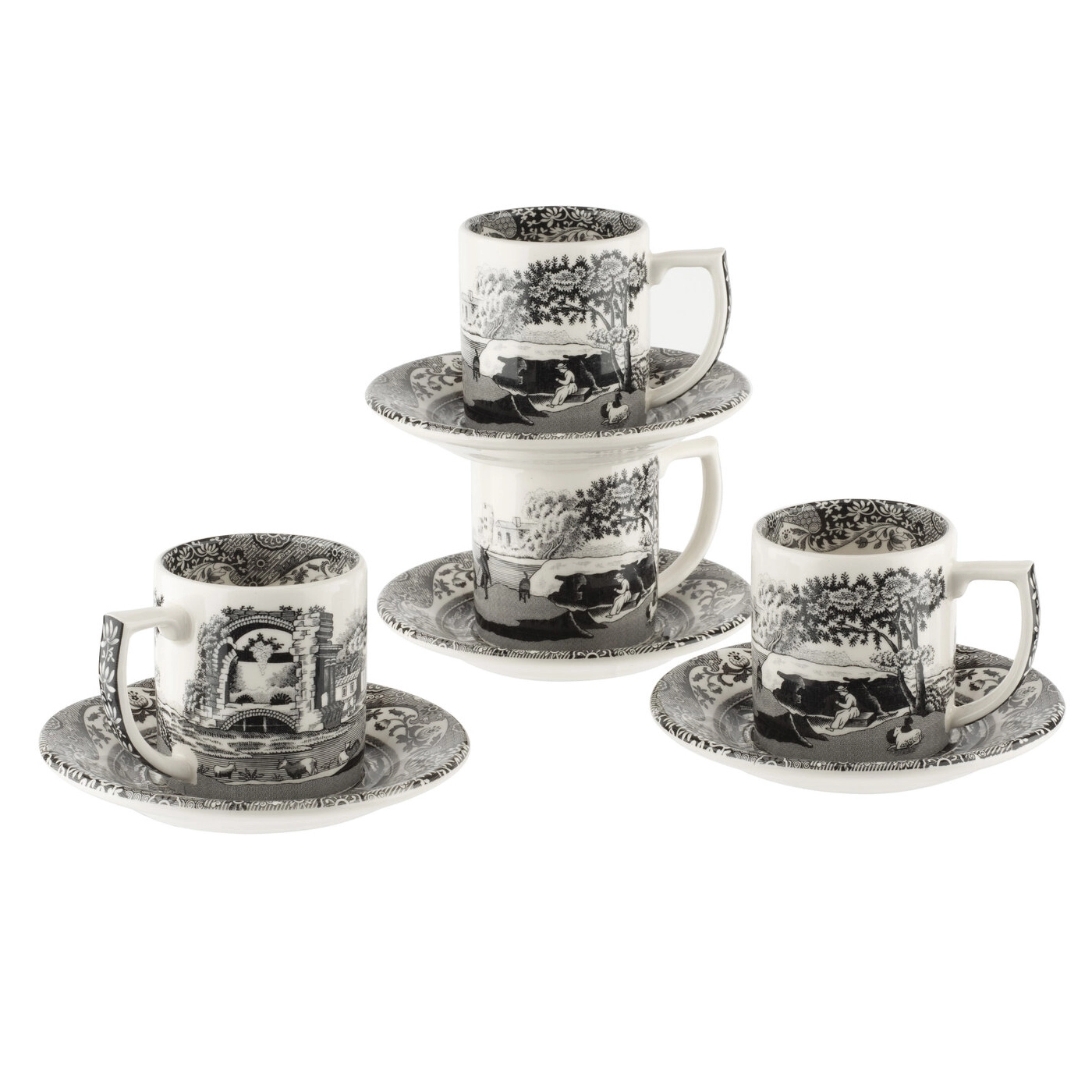 Spode Black Italian -espressokuppi Aluslautasella, 4-pakkaus